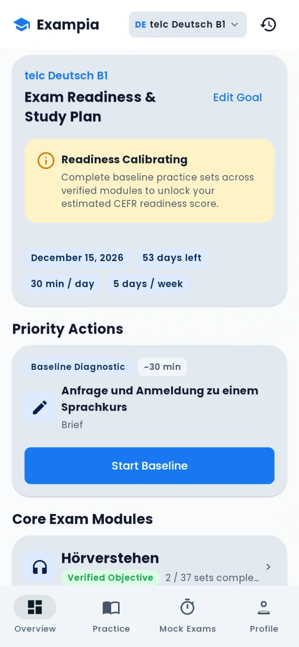 Exampia mobile app screen – Choose your exam